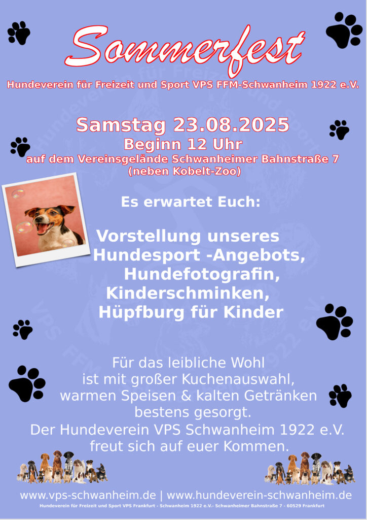 Plakat Sommerfest 2025 -23.08.2025 ab 12 Uhr auf dem Vereinsgelände Schwanheimer Bahnstraße 7 (neben Kobelt-Zoo)